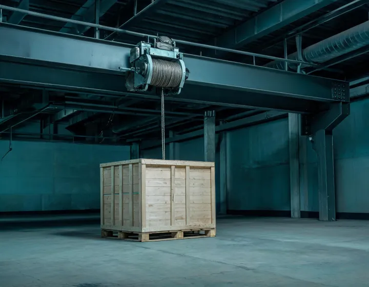Wire rope hoist over a warehouse production bay, illustration only