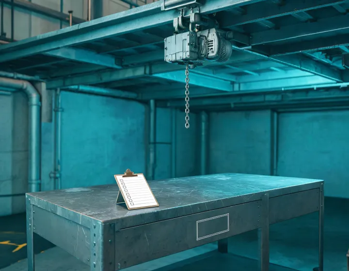 Electric chain hoist RFQ checklist on a warehouse workbench